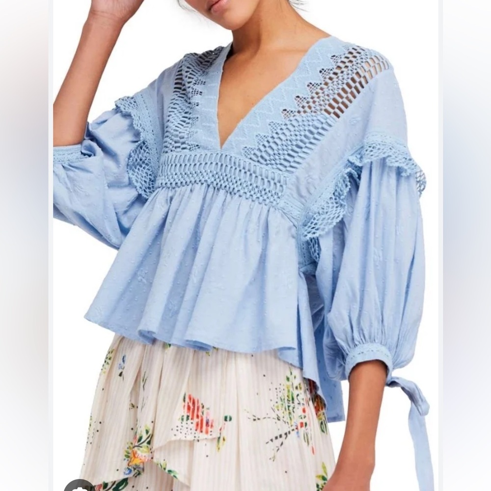 Free People Drive You Mad Peasant Peplum Crochet Lace Peasant Blouse XS